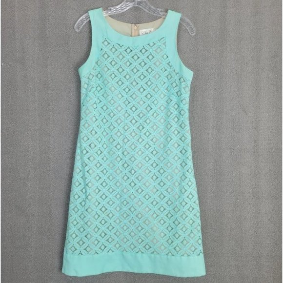 ELIZA J Size 6 Turquoise Linen Blend Sleeveless Lined Eyelet Sheath Mini Dress